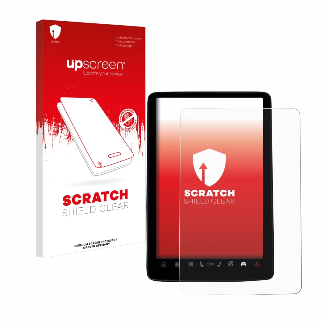 Parte frontale di una confezione del prodotto con il logo del marchio upscreen. Accanto è raffigurato il dispositivo Volvo EX3