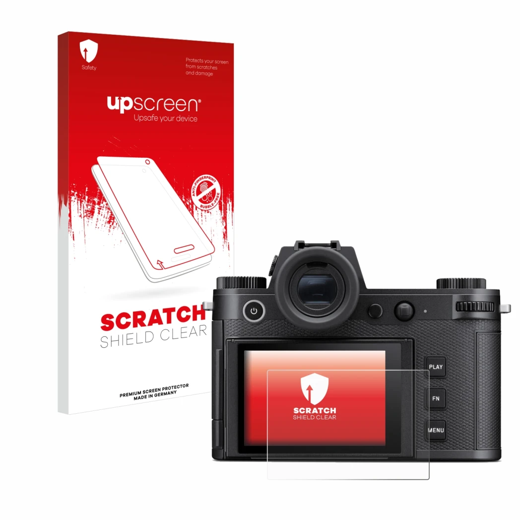 Parte frontale di una confezione del prodotto con il logo del marchio upscreen. Accanto è raffigurato il dispositivo Leica SL3