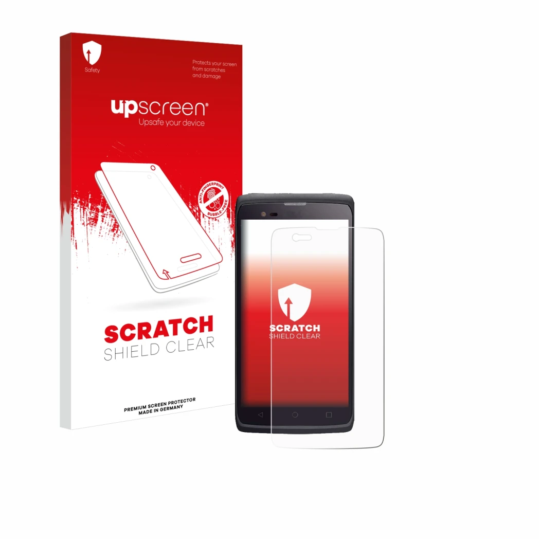 Parte frontale di una confezione del prodotto con il logo del marchio upscreen. Accanto è raffigurato il dispositivo Almex cru