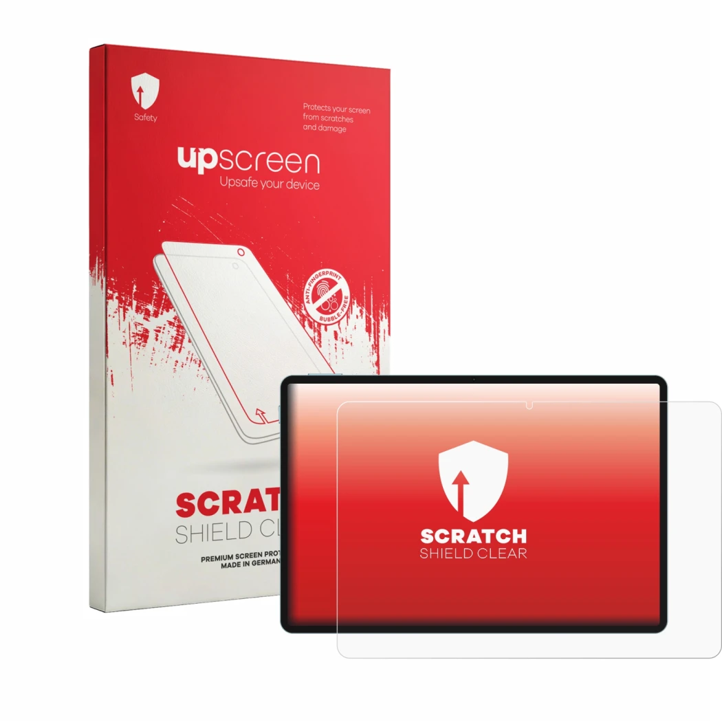 Parte frontale di una confezione del prodotto con il logo del marchio upscreen. Accanto è raffigurato il dispositivo Teclast P