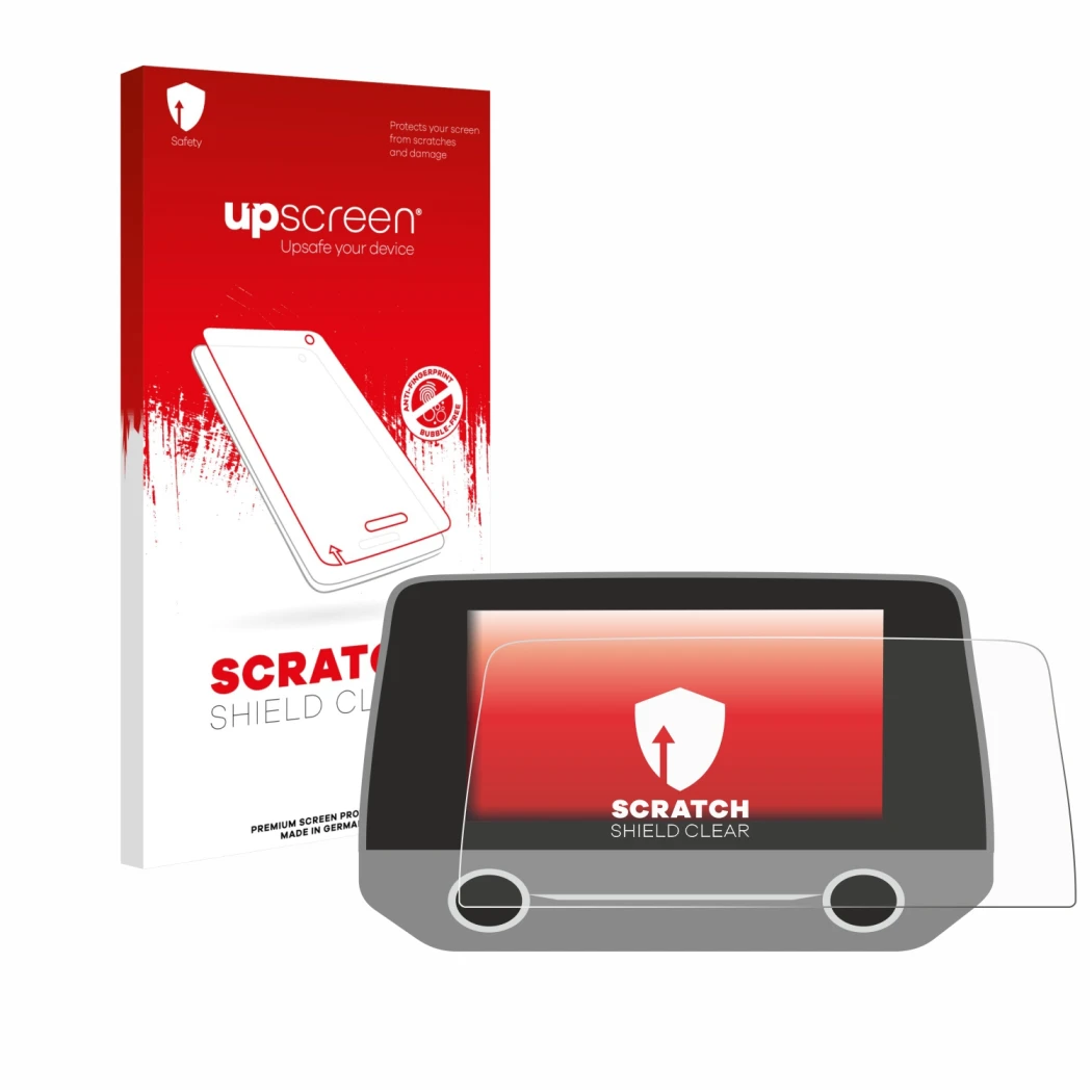 Parte frontale di una confezione del prodotto con il logo del marchio upscreen. Accanto è raffigurato il dispositivo Ford Focu