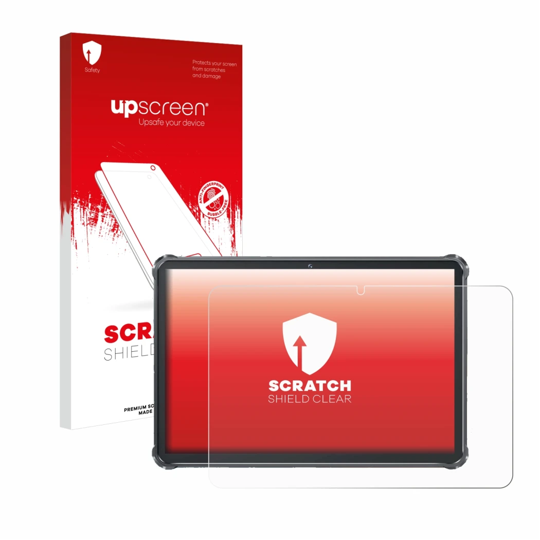 Parte frontale di una confezione del prodotto con il logo del marchio upscreen. Accanto è raffigurato il dispositivo Oukitel R