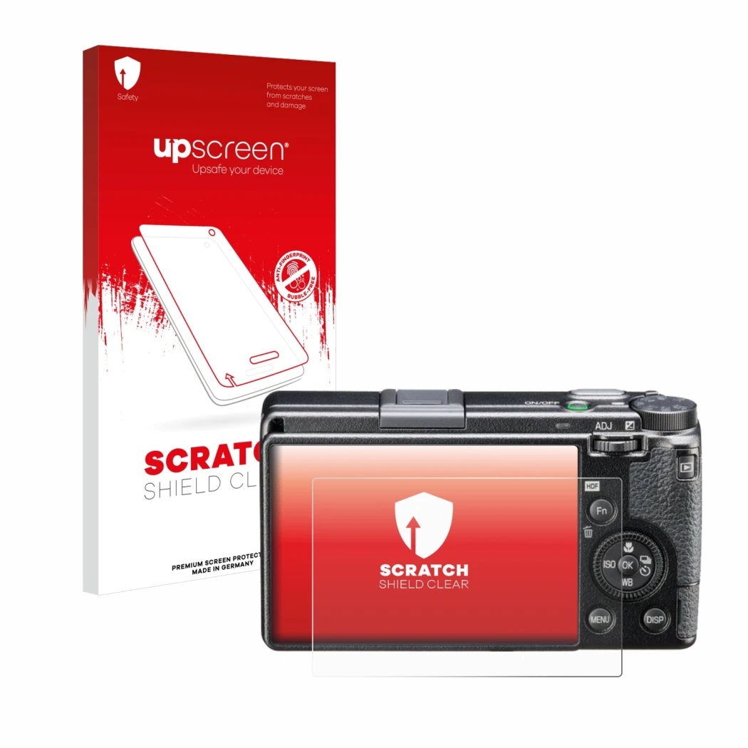 Parte frontale di una confezione del prodotto con il logo del marchio upscreen. Accanto è raffigurato il dispositivo Ricoh GR