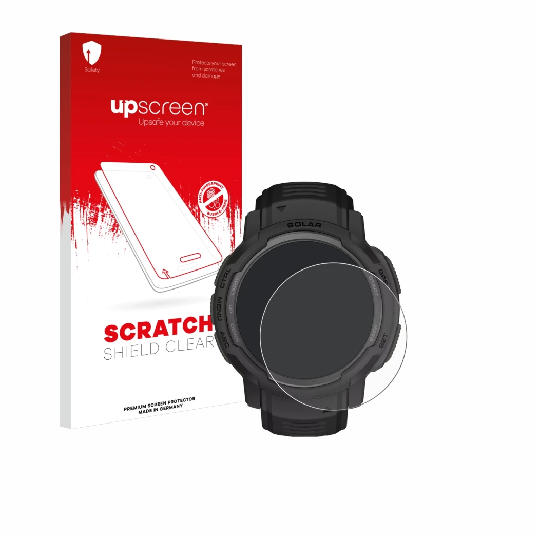 Parte frontale di una confezione del prodotto con il logo del marchio upscreen. Accanto è raffigurato il dispositivo Garmin In