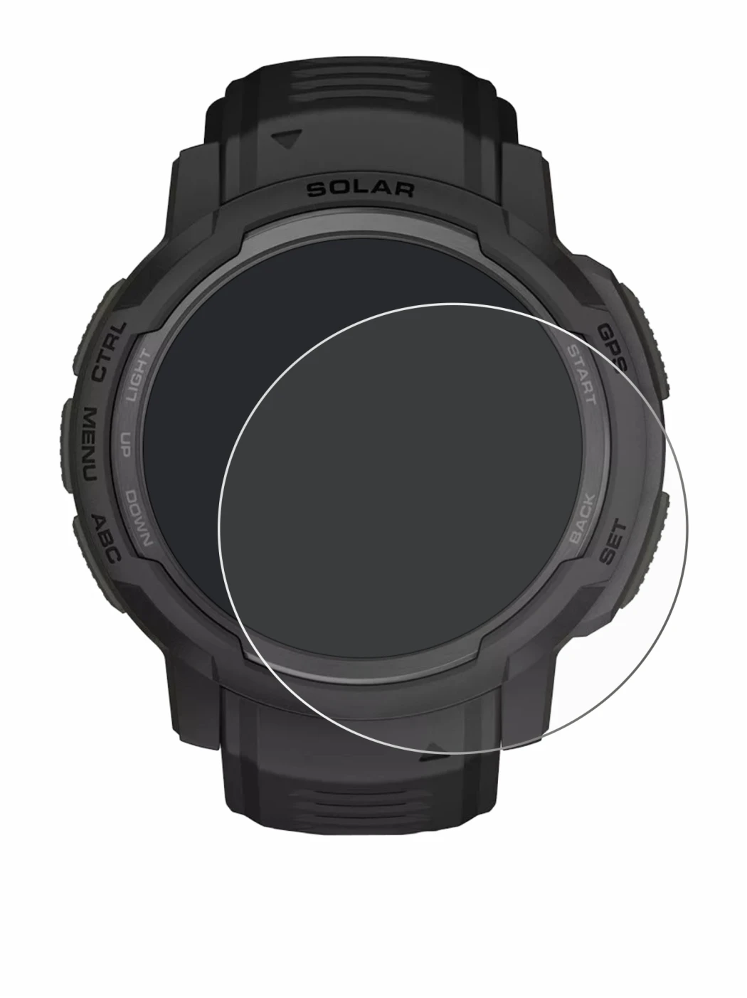 Immagine del dispositivo Garmin Instinct Crossover Solar con un'ampia varietà di protezioni per lo schermo.