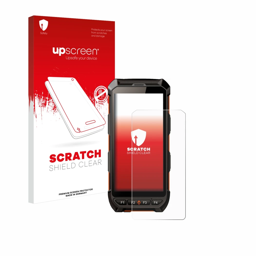 Parte frontale di una confezione del prodotto con il logo del marchio upscreen. Accanto è raffigurato il dispositivo iDTronic 