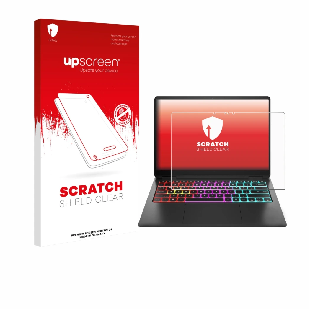 Parte frontale di una confezione del prodotto con il logo del marchio upscreen. Accanto è raffigurato il dispositivo HP Omen T