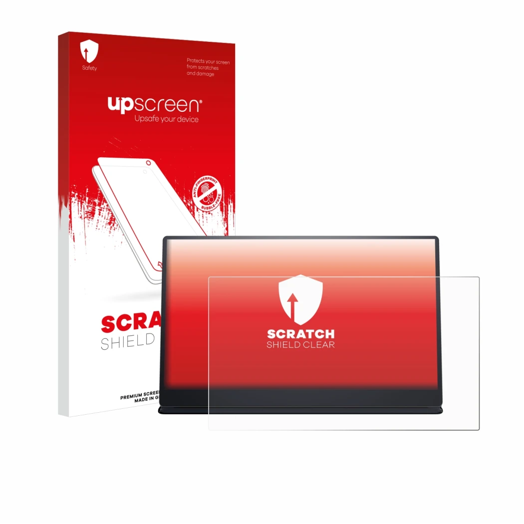 Parte frontale di una confezione del prodotto con il logo del marchio upscreen. Accanto è raffigurato il dispositivo Dell P142