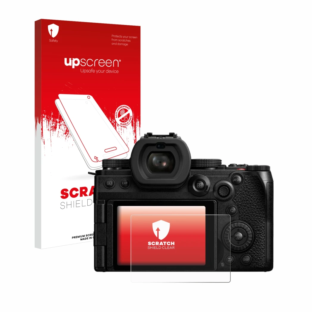 Parte frontale di una confezione del prodotto con il logo del marchio upscreen. Accanto è raffigurato il dispositivo Panasonic