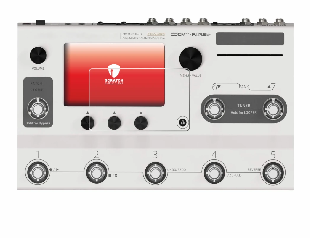 Immagine del dispositivo Hotone Ampero II Stage con un'ampia varietà di protezioni per lo schermo.
