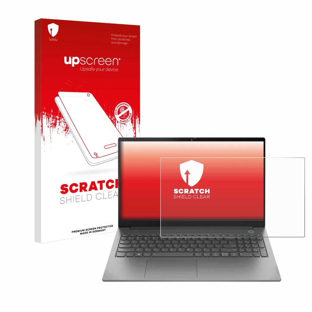 Parte frontale di una confezione del prodotto con il logo del marchio upscreen. Accanto è raffigurato il dispositivo Lenovo Th