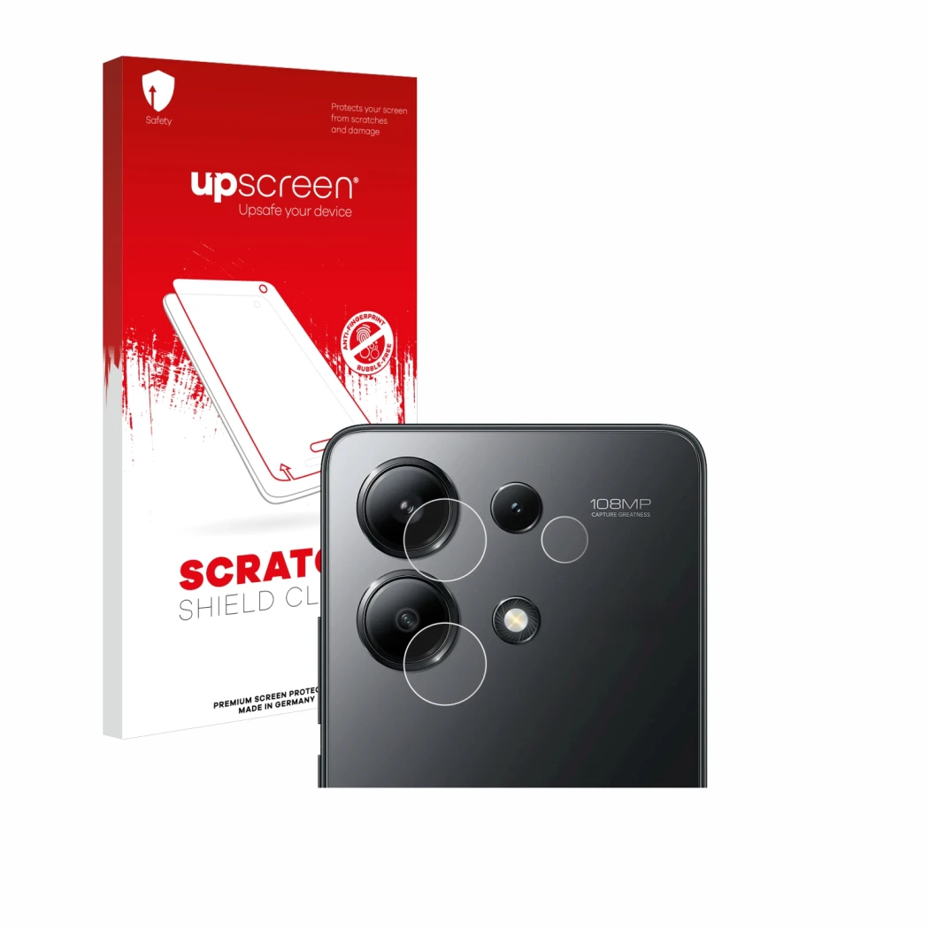 Parte frontale di una confezione del prodotto con il logo del marchio upscreen. Accanto è raffigurato il dispositivo Xiaomi Re