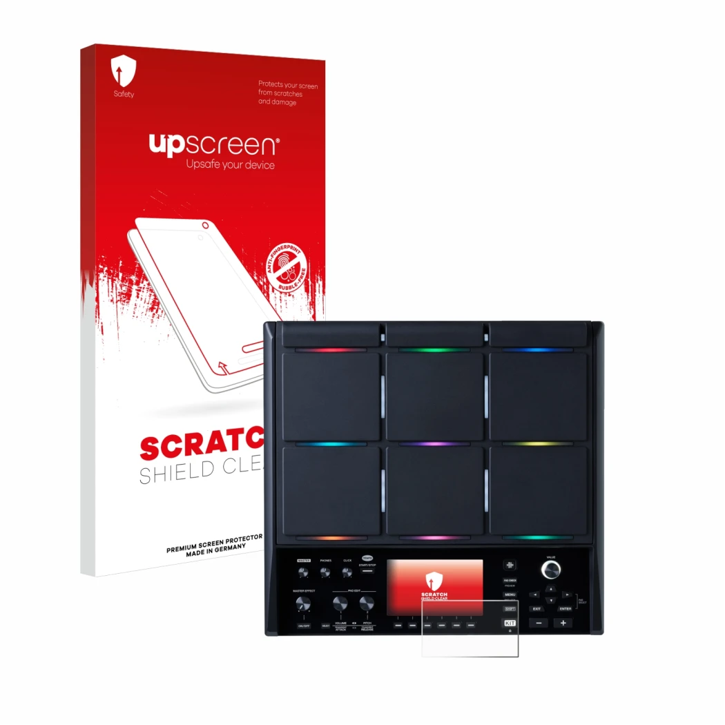 Parte frontale di una confezione del prodotto con il logo del marchio upscreen. Accanto è raffigurato il dispositivo Roland SP