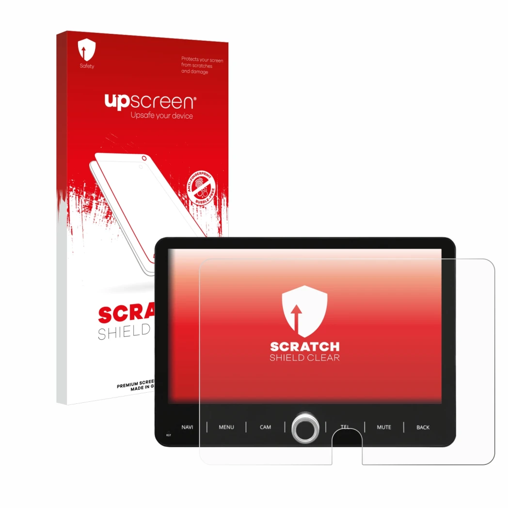 Parte frontale di una confezione del prodotto con il logo del marchio upscreen. Accanto è raffigurato il dispositivo Dynavin D