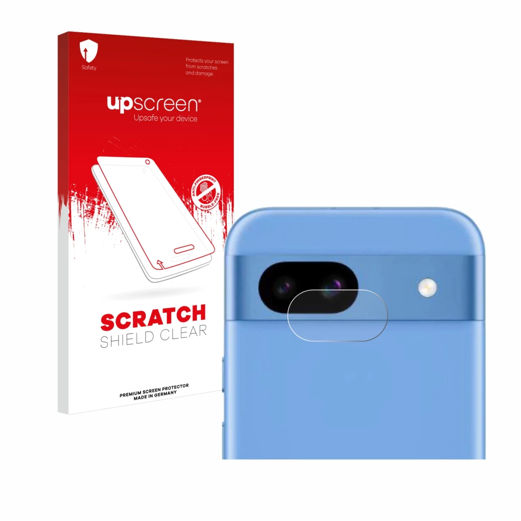 Parte frontale di una confezione del prodotto con il logo del marchio upscreen. Accanto è raffigurato il dispositivo Google Pi