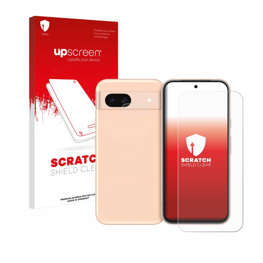 Parte frontale di una confezione del prodotto con il logo del marchio upscreen. Accanto è raffigurato il dispositivo Google Pi