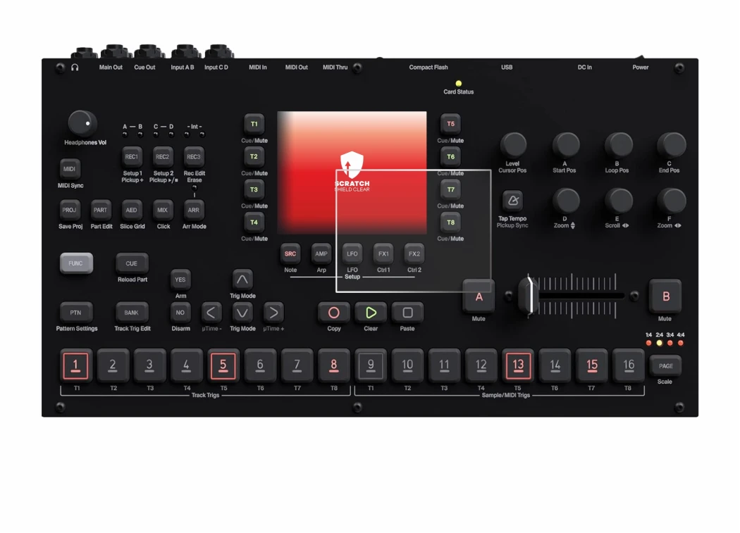 Immagine del dispositivo Elektron Octatrack MKII con un'ampia varietà di protezioni per lo schermo.