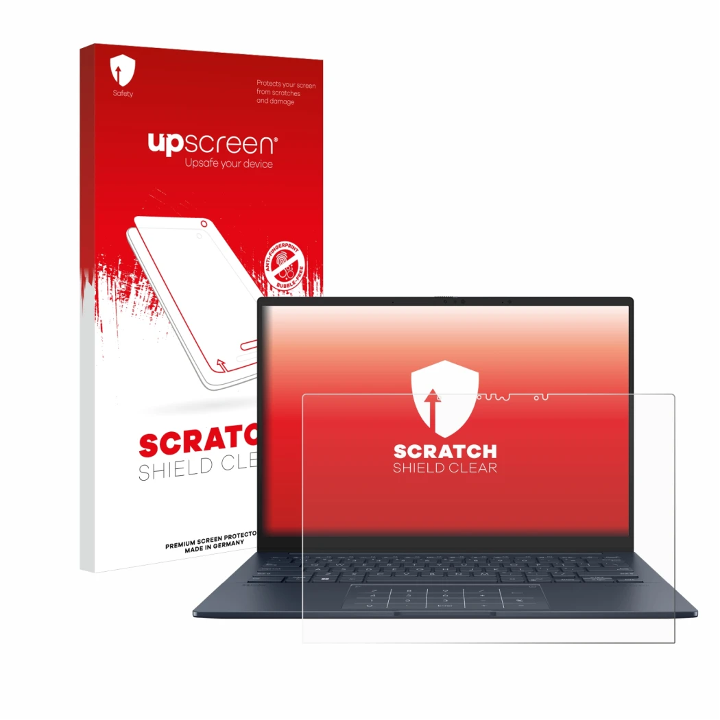 Parte frontale di una confezione del prodotto con il logo del marchio upscreen. Accanto è raffigurato il dispositivo ASUS ZenB