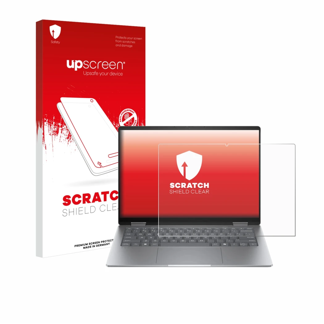 Parte frontale di una confezione del prodotto con il logo del marchio upscreen. Accanto è raffigurato il dispositivo HP Envy x