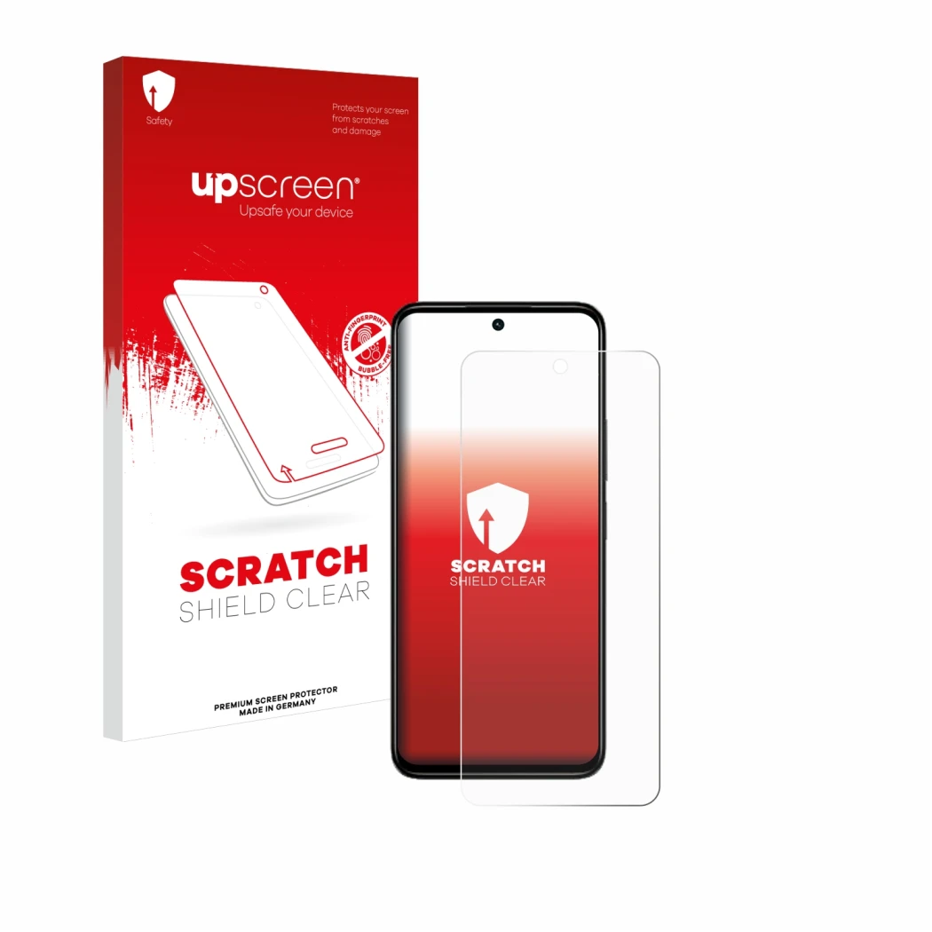 Parte frontale di una confezione del prodotto con il logo del marchio upscreen. Accanto è raffigurato il dispositivo Xiaomi Re