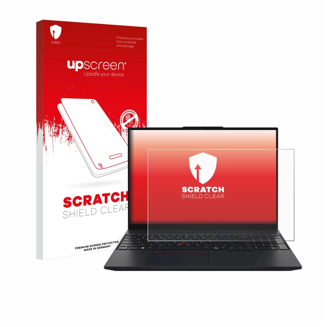 Parte frontale di una confezione del prodotto con il logo del marchio upscreen. Accanto è raffigurato il dispositivo Lenovo Th