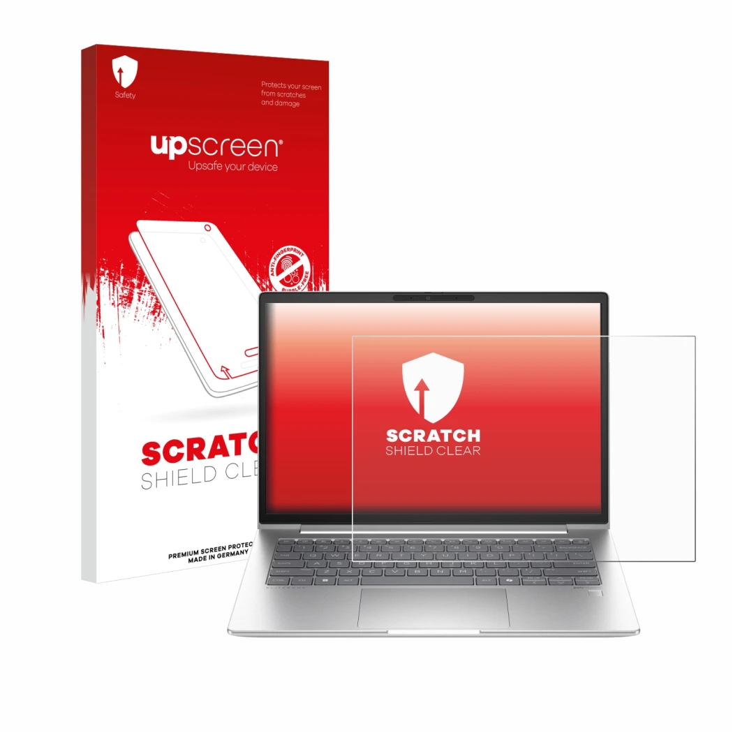 Parte frontale di una confezione del prodotto con il logo del marchio upscreen. Accanto è raffigurato il dispositivo HP EliteB