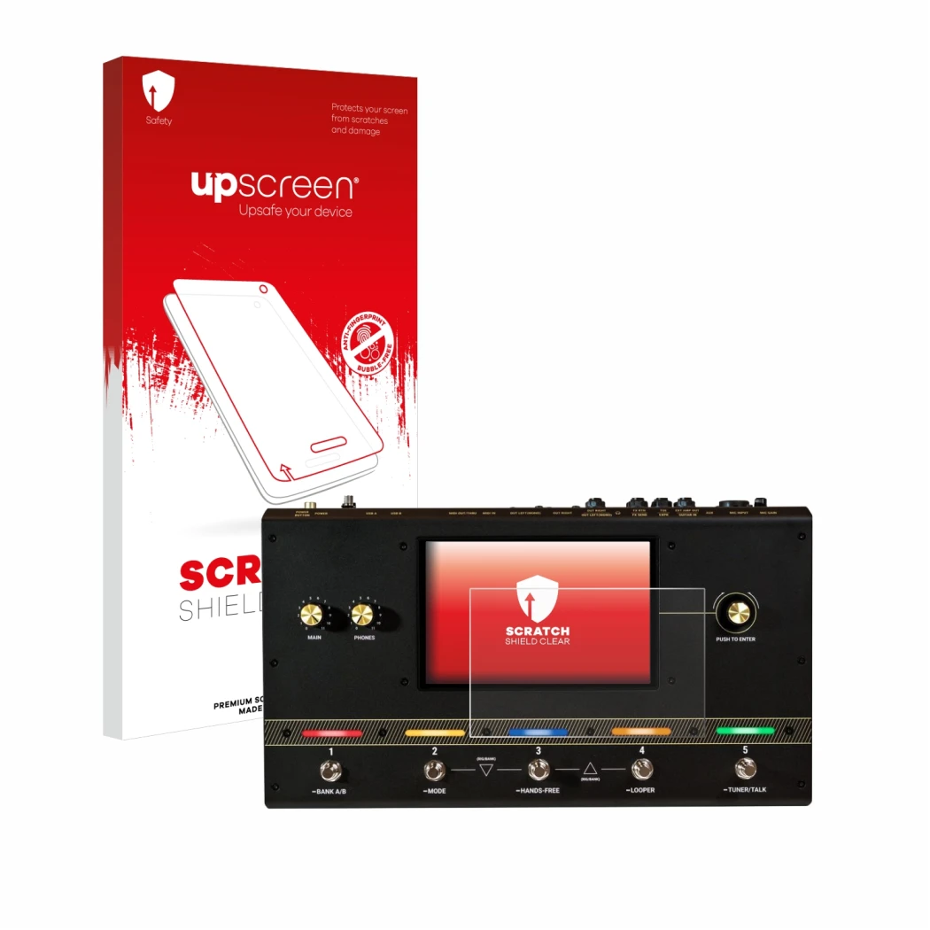 Parte frontale di una confezione del prodotto con il logo del marchio upscreen. Accanto è raffigurato il dispositivo Headrush 