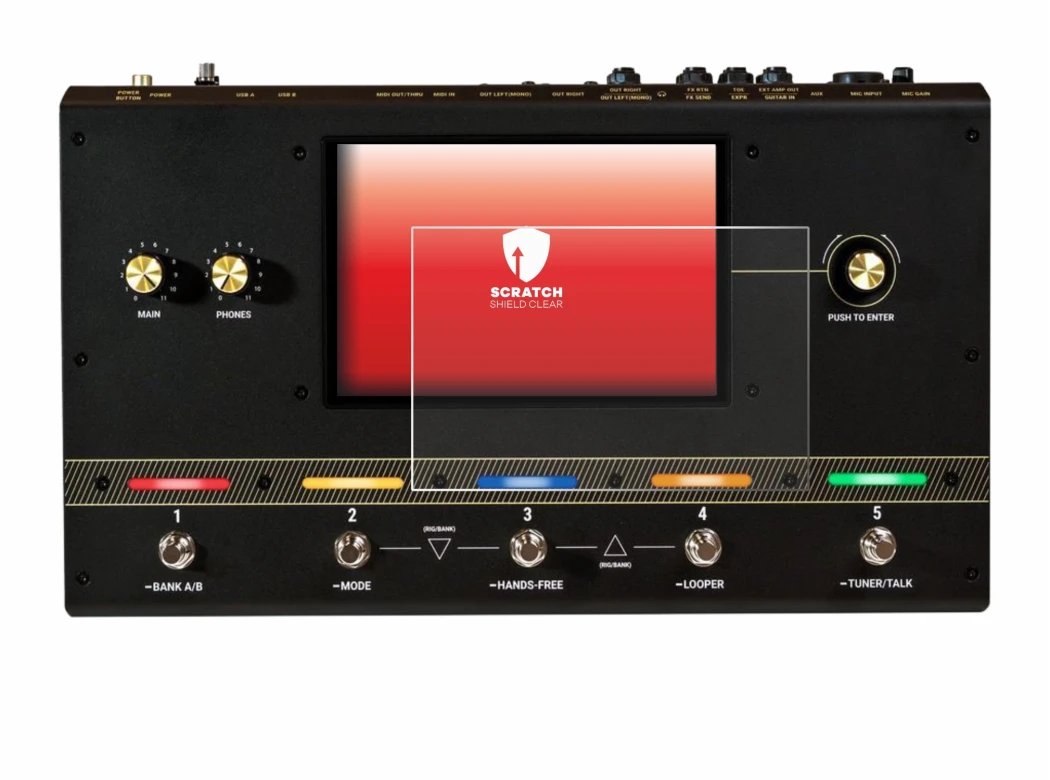 Immagine del dispositivo Headrush Core con un'ampia varietà di protezioni per lo schermo.