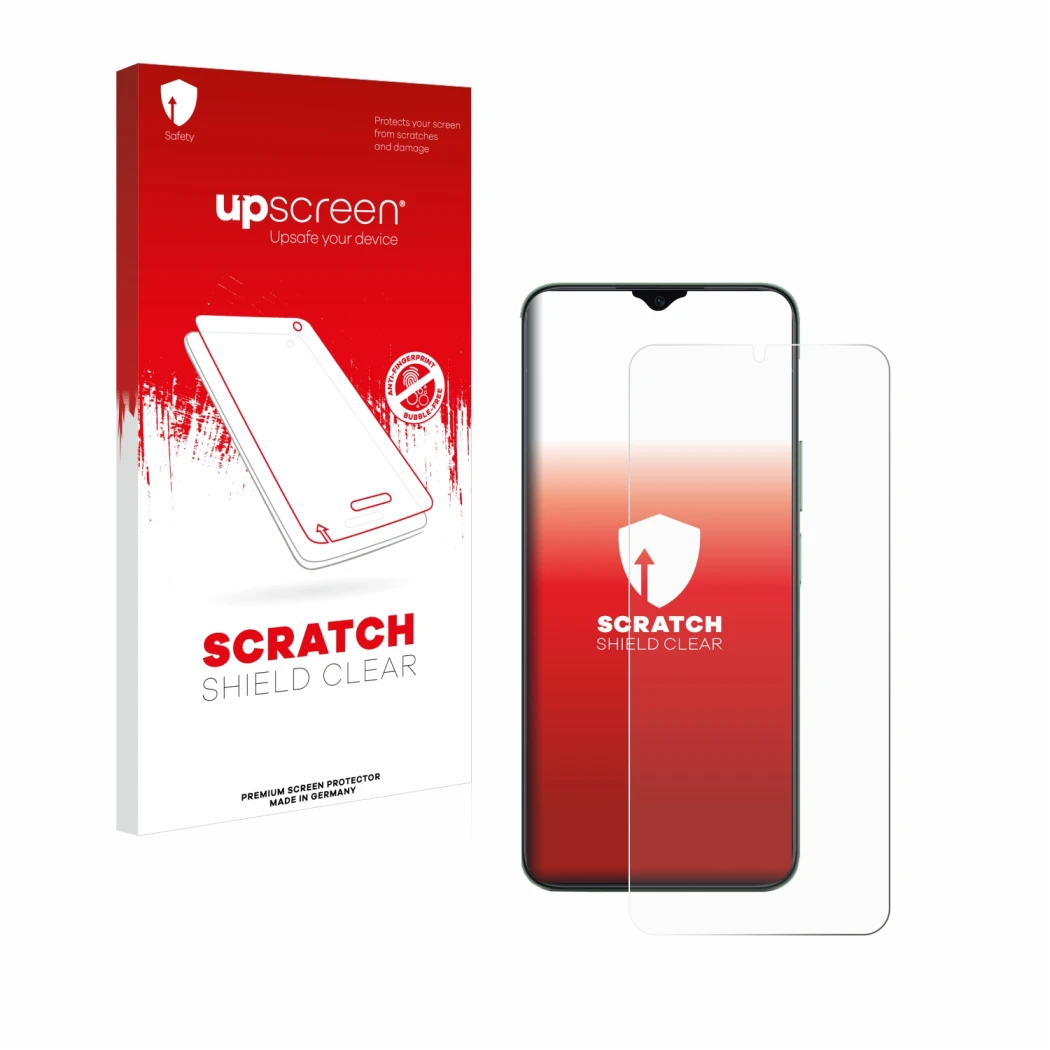 Parte frontale di una confezione del prodotto con il logo del marchio upscreen. Accanto è raffigurato il dispositivo Honor X6b