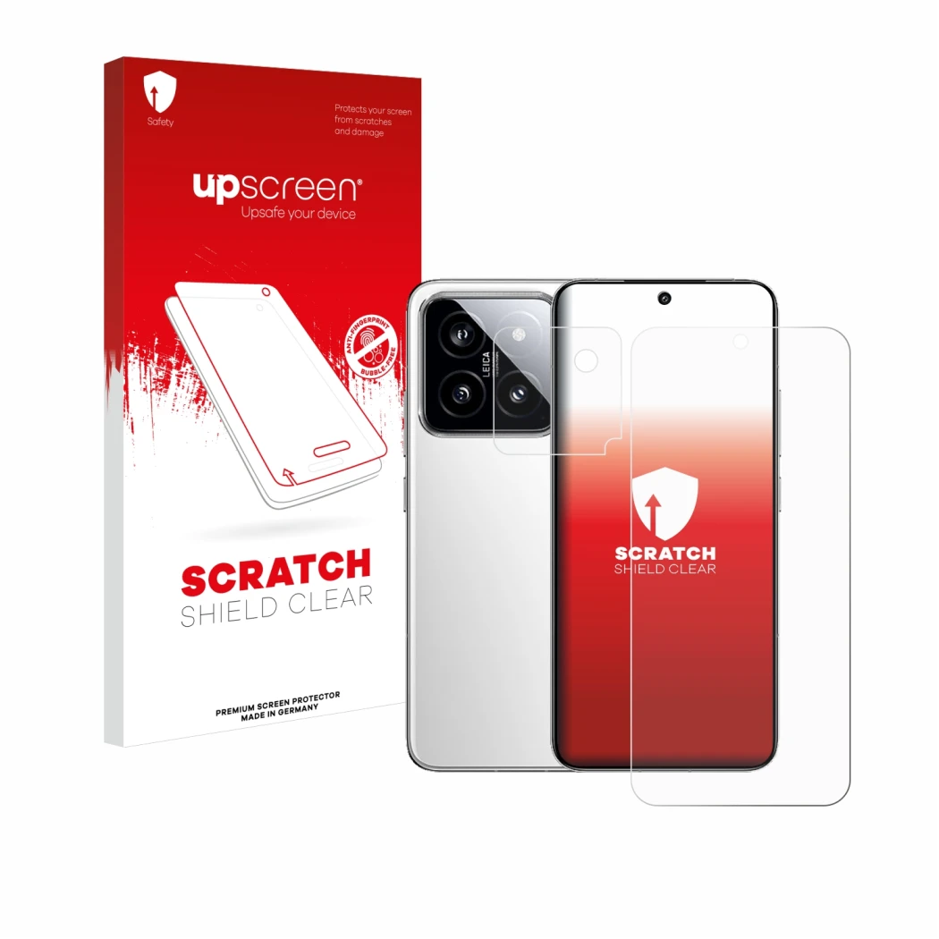 Parte frontale di una confezione del prodotto con il logo del marchio upscreen. Accanto è raffigurato il dispositivo Xiaomi 14