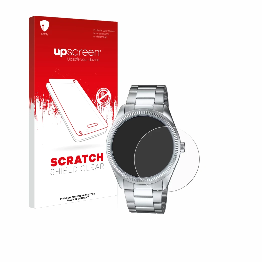 Parte frontale di una confezione del prodotto con il logo del marchio upscreen. Accanto è raffigurato il dispositivo Casio MTP