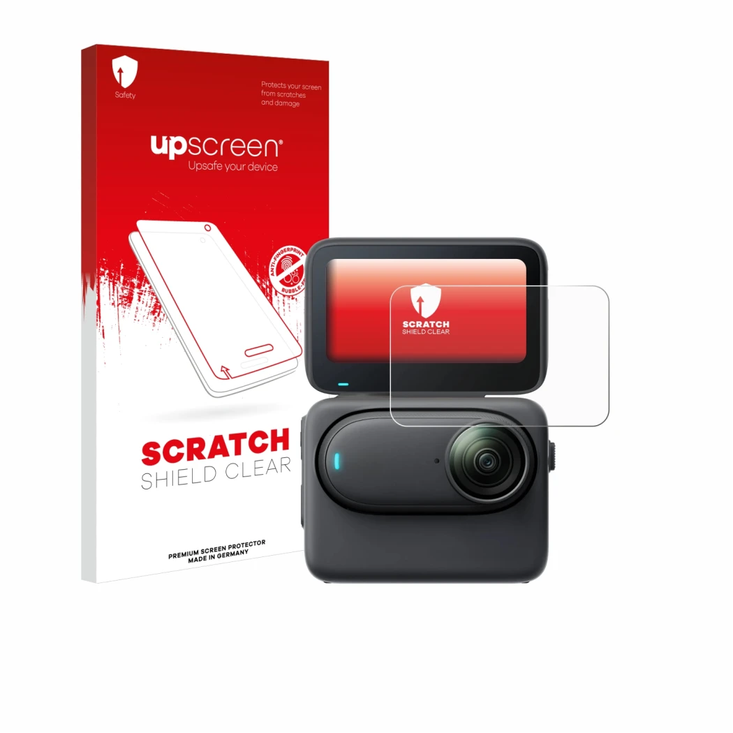 Parte frontale di una confezione del prodotto con il logo del marchio upscreen. Accanto è raffigurato il dispositivo Insta360 