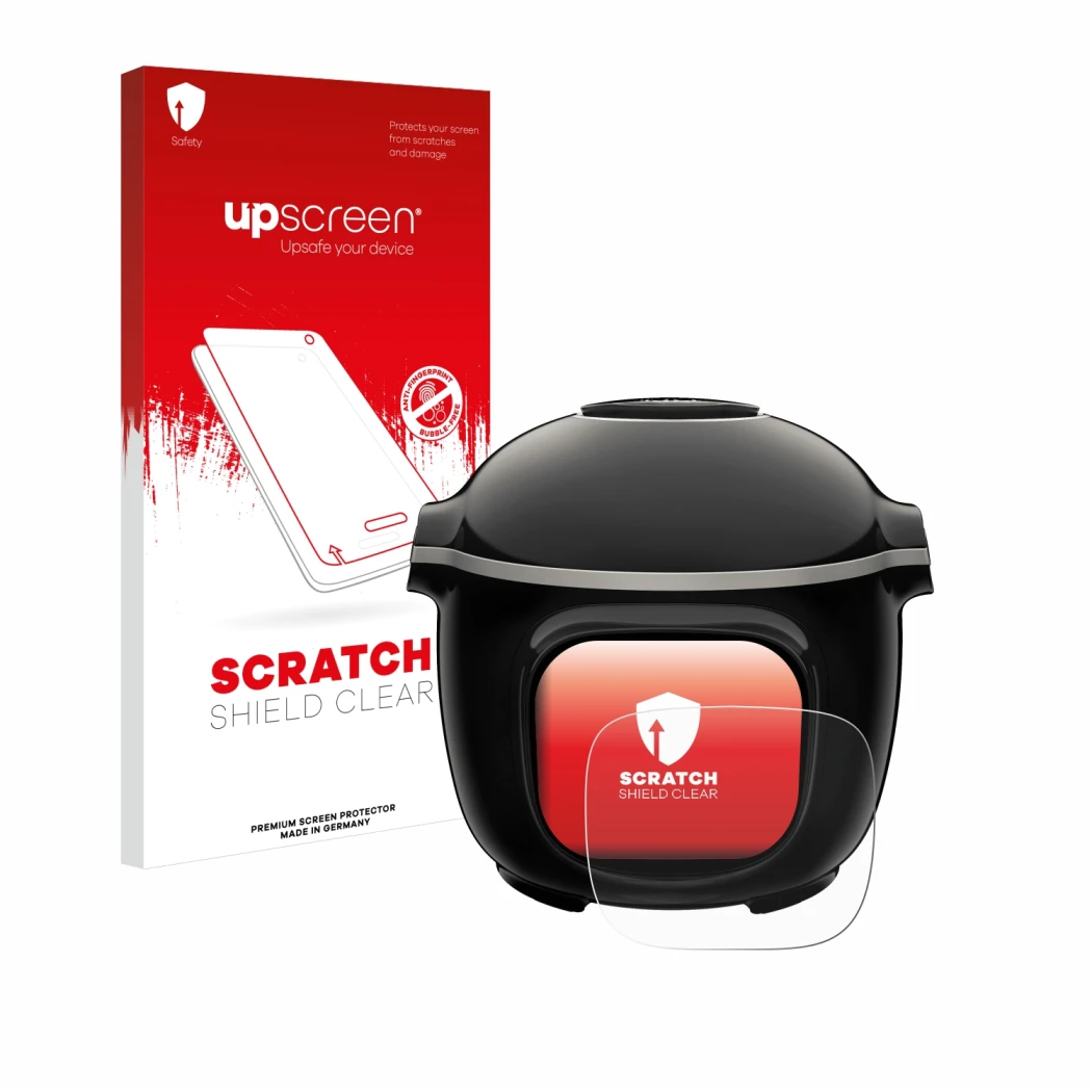 Parte frontale di una confezione del prodotto con il logo del marchio upscreen. Accanto è raffigurato il dispositivo Moulinex