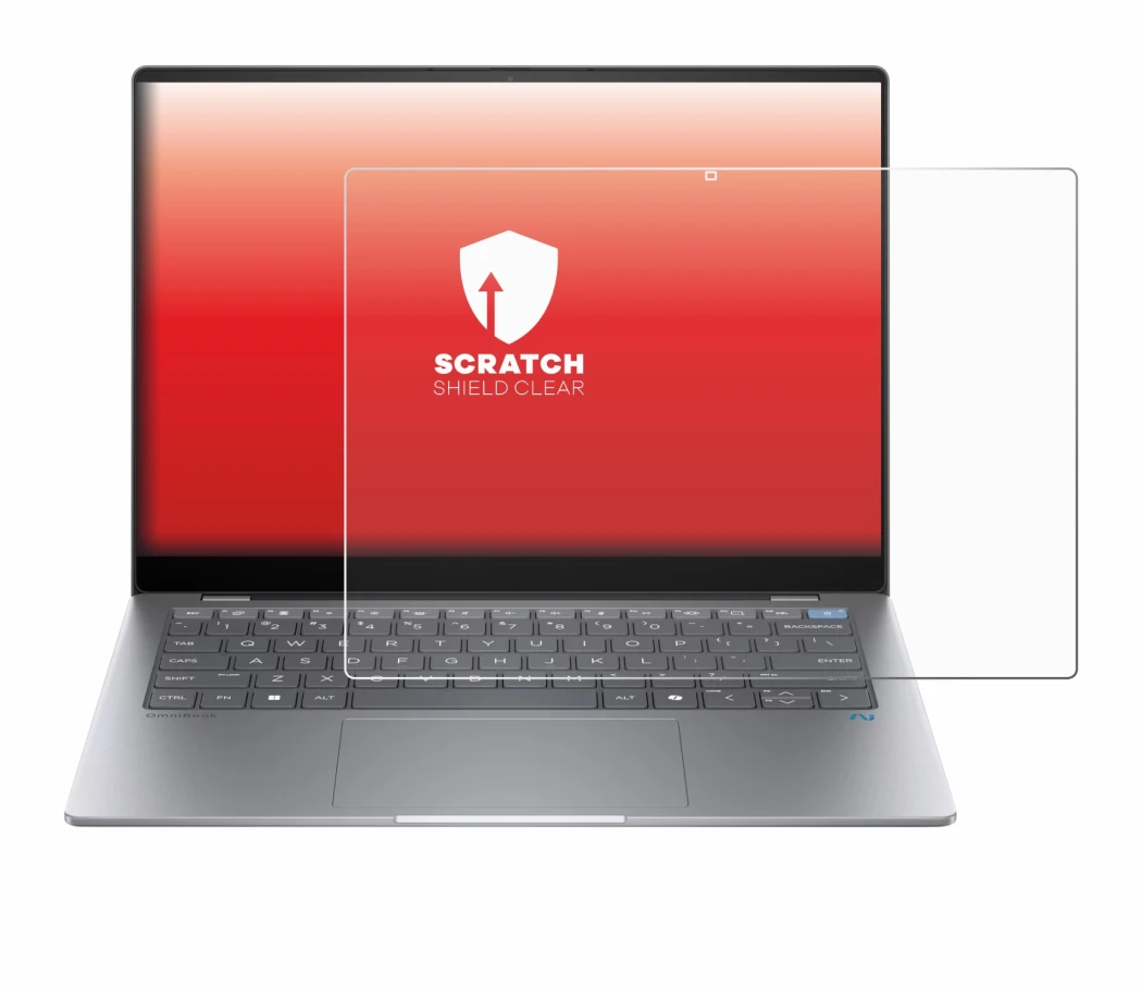 Immagine del dispositivo HP OmniBook X AI 14 con un'ampia varietà di protezioni per lo schermo.