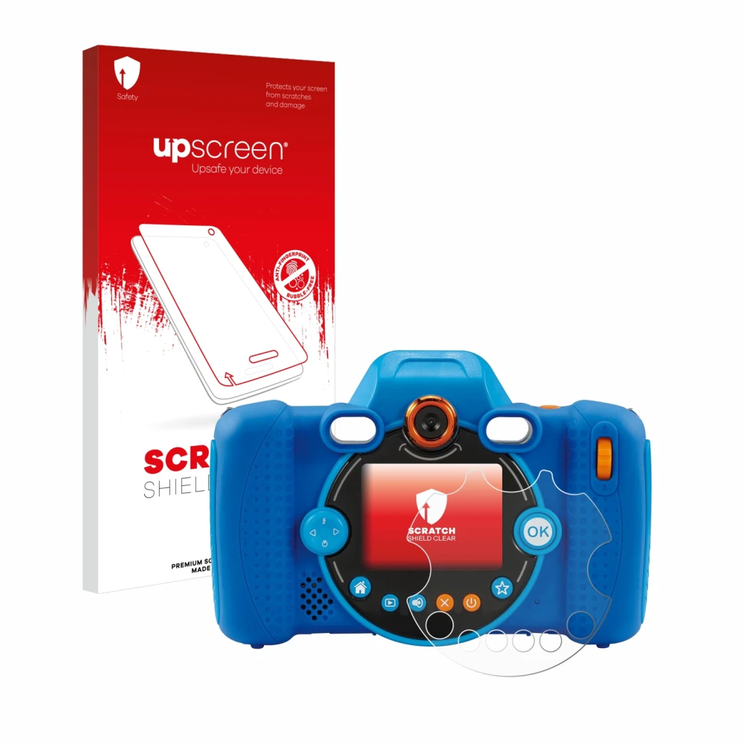 Parte frontale di una confezione del prodotto con il logo del marchio upscreen. Accanto è raffigurato il dispositivo Vtech Kid