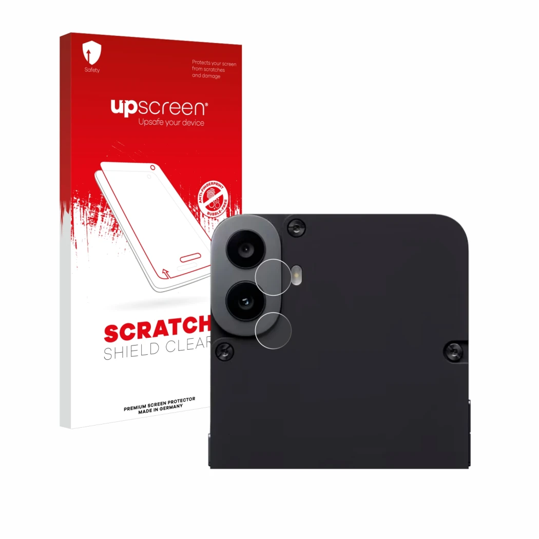 Parte frontale di una confezione del prodotto con il logo del marchio upscreen. Accanto è raffigurato il dispositivo Nothing C