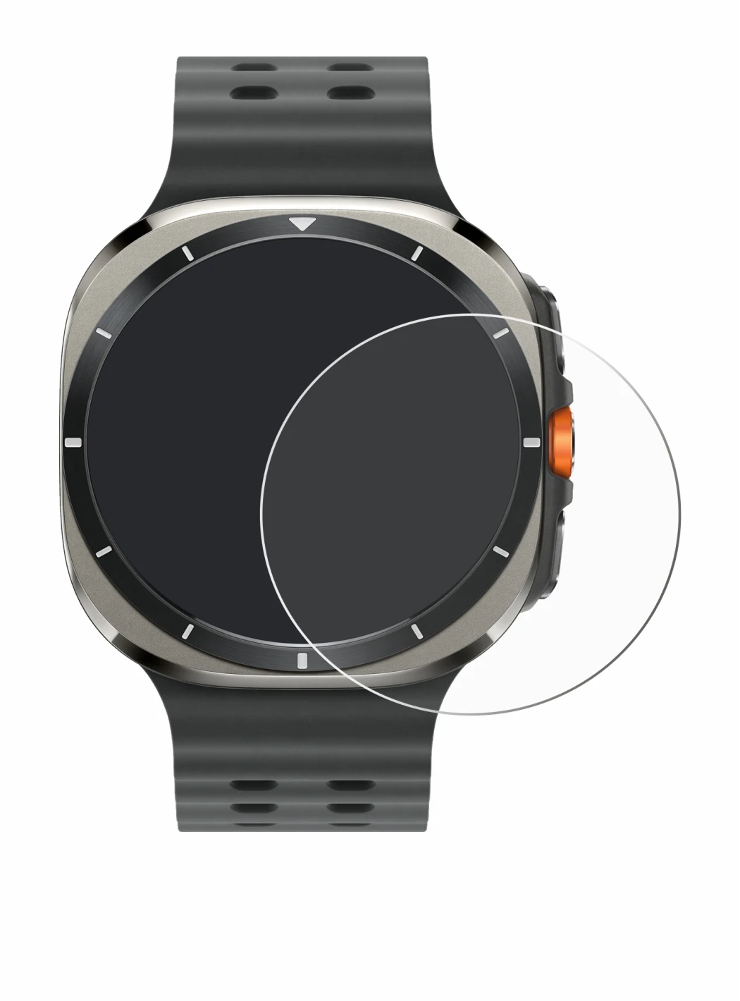 Immagine del dispositivo Samsung Galaxy Watch Ultra (47 mm) con un'ampia varietà di protezioni per lo schermo.