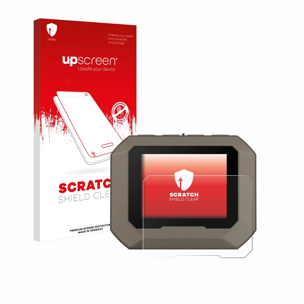 Parte frontale di una confezione del prodotto con il logo del marchio upscreen. Accanto è raffigurato il dispositivo Garmin Xe