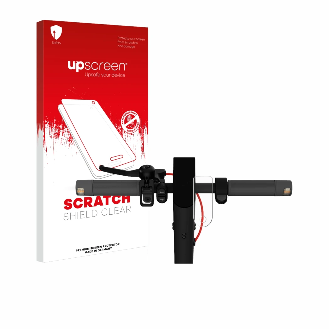 Parte frontale di una confezione del prodotto con il logo del marchio upscreen. Accanto è raffigurato il dispositivo Xiaomi Mi