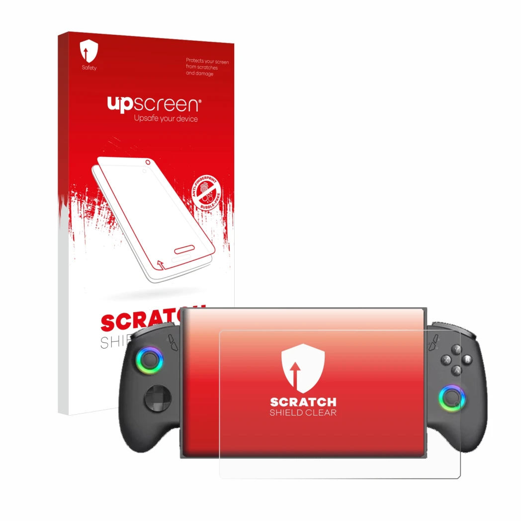 Parte frontale di una confezione del prodotto con il logo del marchio upscreen. Accanto è raffigurato il dispositivo OneXPlaye