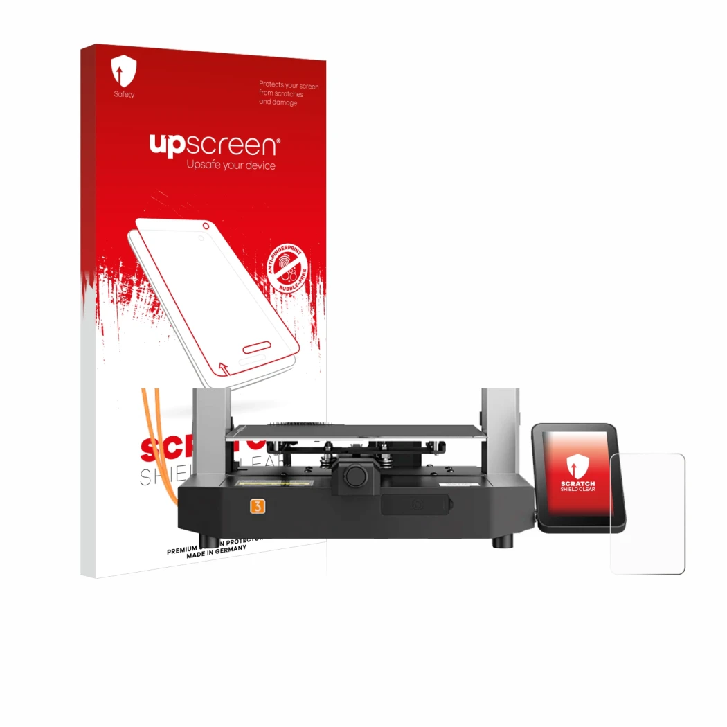 Parte frontale di una confezione del prodotto con il logo del marchio upscreen. Accanto è raffigurato il dispositivo Anycubic