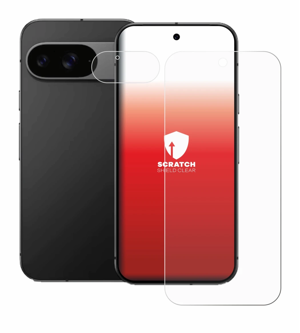 Immagine del dispositivo Google Pixel 9 (Fronte+Fotocamera) con un'ampia varietà di protezioni per lo schermo.