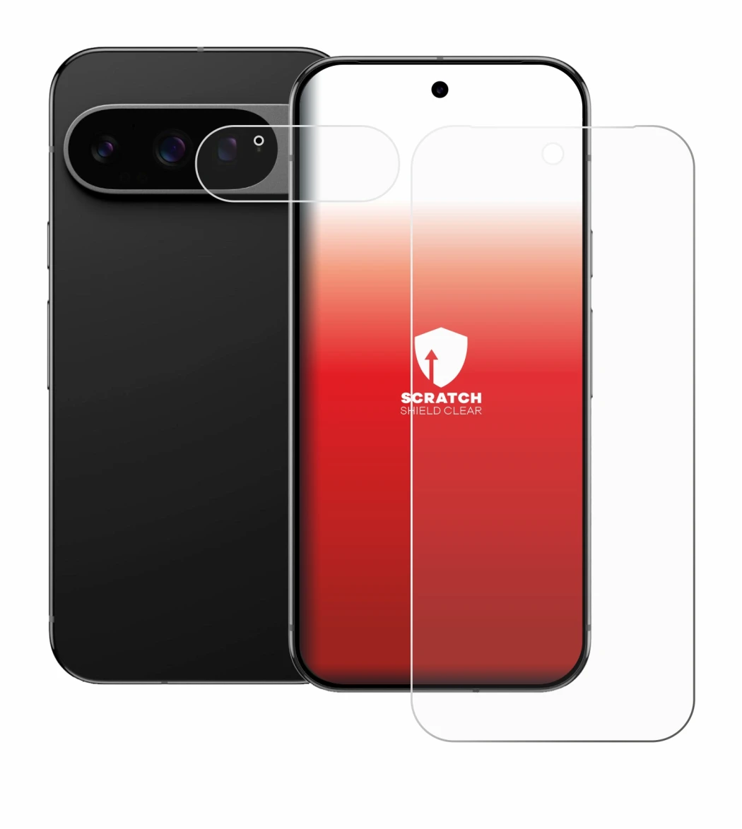 Immagine del dispositivo Google Pixel 9 Pro (Fronte+Fotocamera) con un'ampia varietà di protezioni per lo schermo.