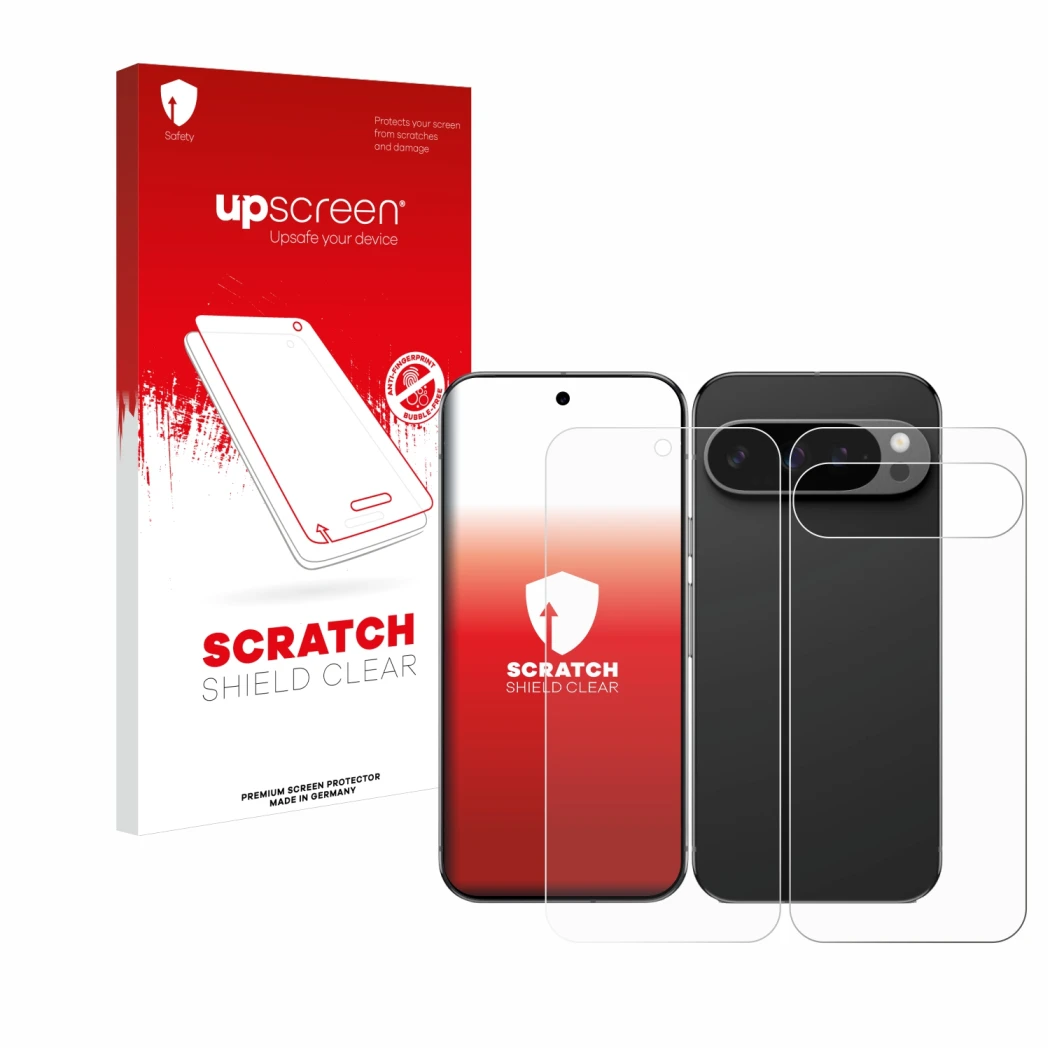 Parte frontale di una confezione del prodotto con il logo del marchio upscreen. Accanto è raffigurato il dispositivo Google Pi