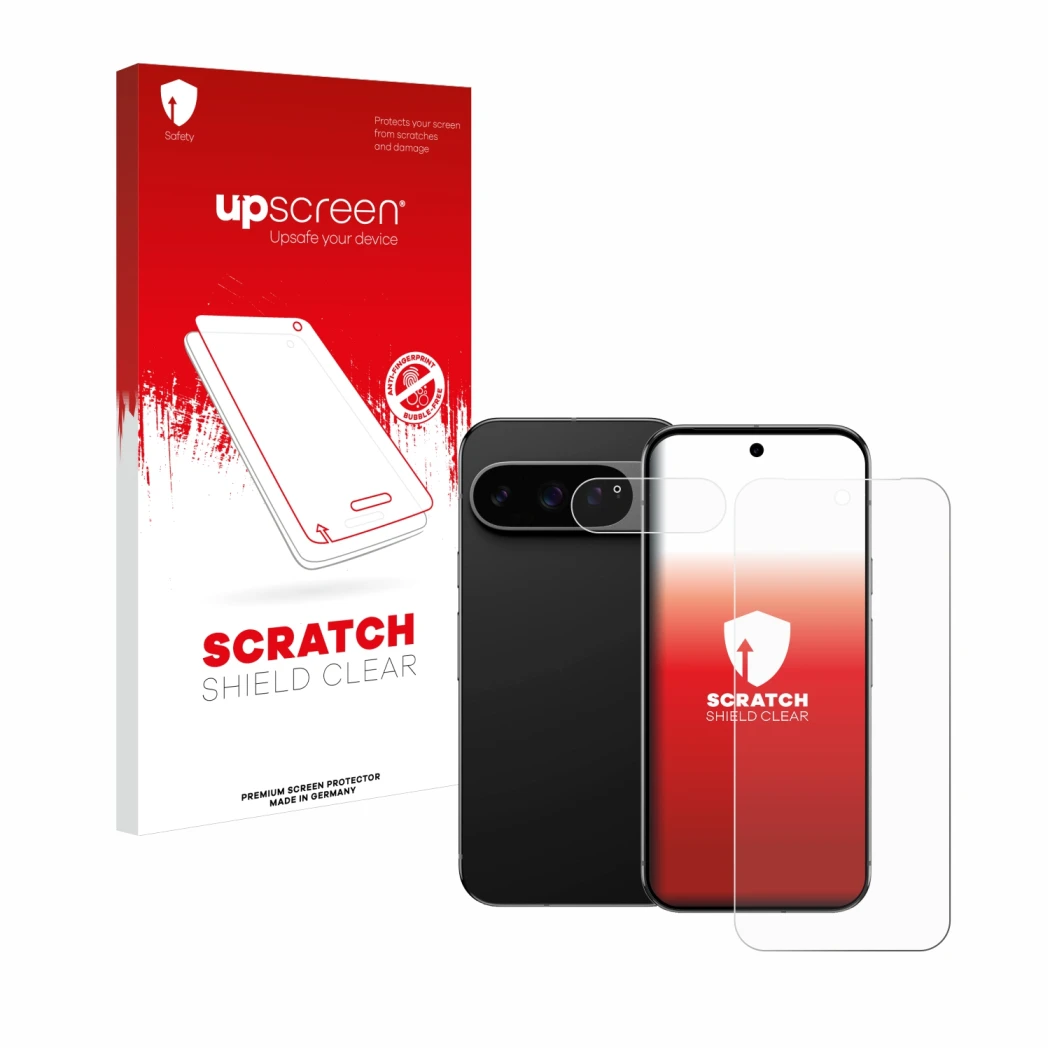 Parte frontale di una confezione del prodotto con il logo del marchio upscreen. Accanto è raffigurato il dispositivo Google Pi