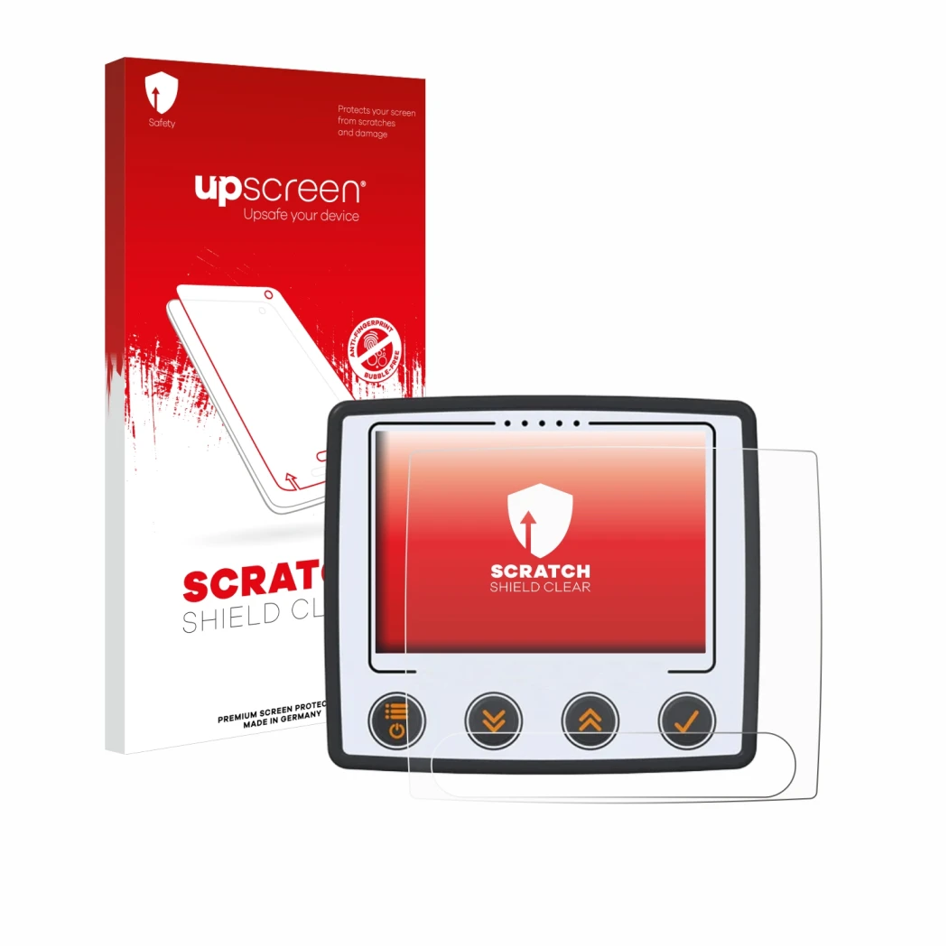 Parte frontale di una confezione del prodotto con il logo del marchio upscreen. Accanto è raffigurato il dispositivo Skytraxx