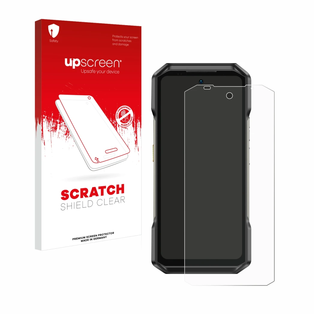 Parte frontale di una confezione del prodotto con il logo del marchio upscreen. Accanto è raffigurato il dispositivo Ulefone A
