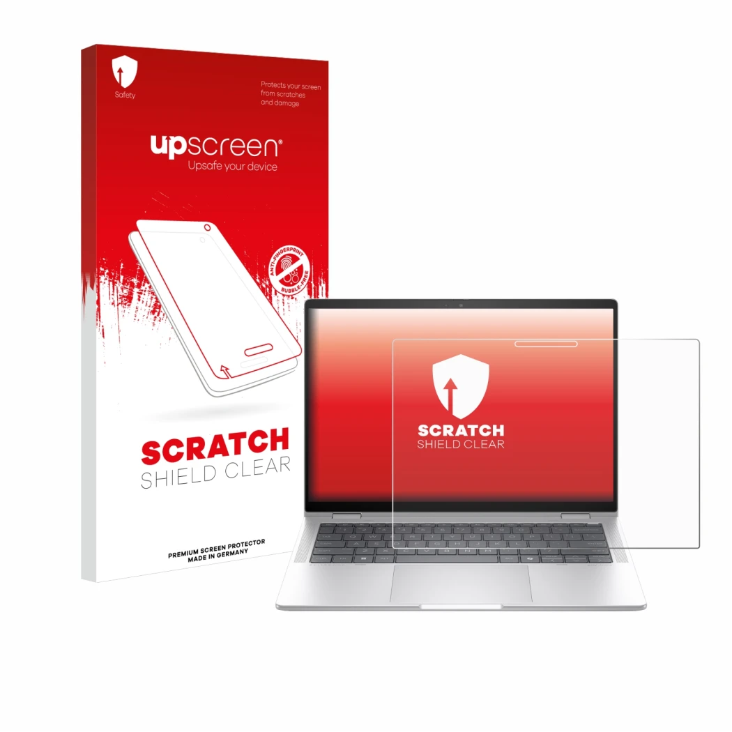Parte frontale di una confezione del prodotto con il logo del marchio upscreen. Accanto è raffigurato il dispositivo HP EliteB