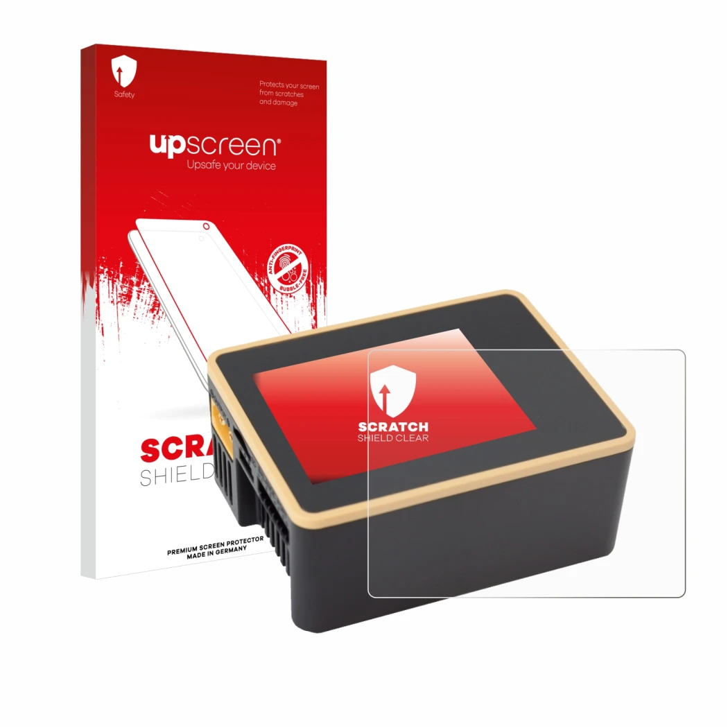 Parte frontale di una confezione del prodotto con il logo del marchio upscreen. Accanto è raffigurato il dispositivo Junsi iCh