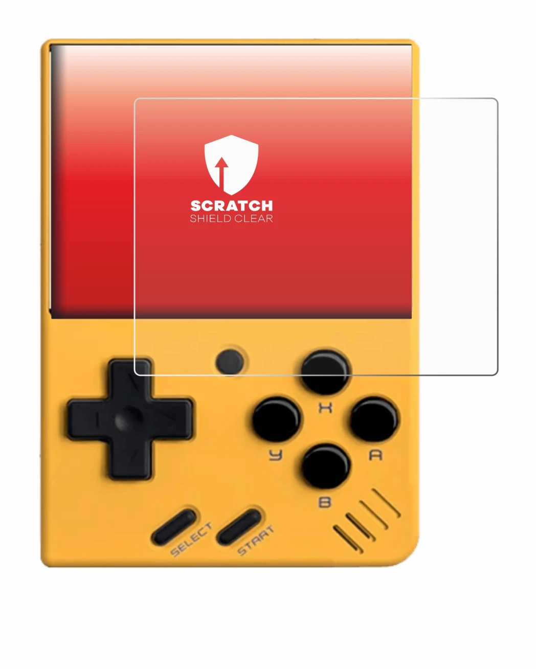 Immagine del dispositivo Miyoo Mini V4 con un'ampia varietà di protezioni per lo schermo.